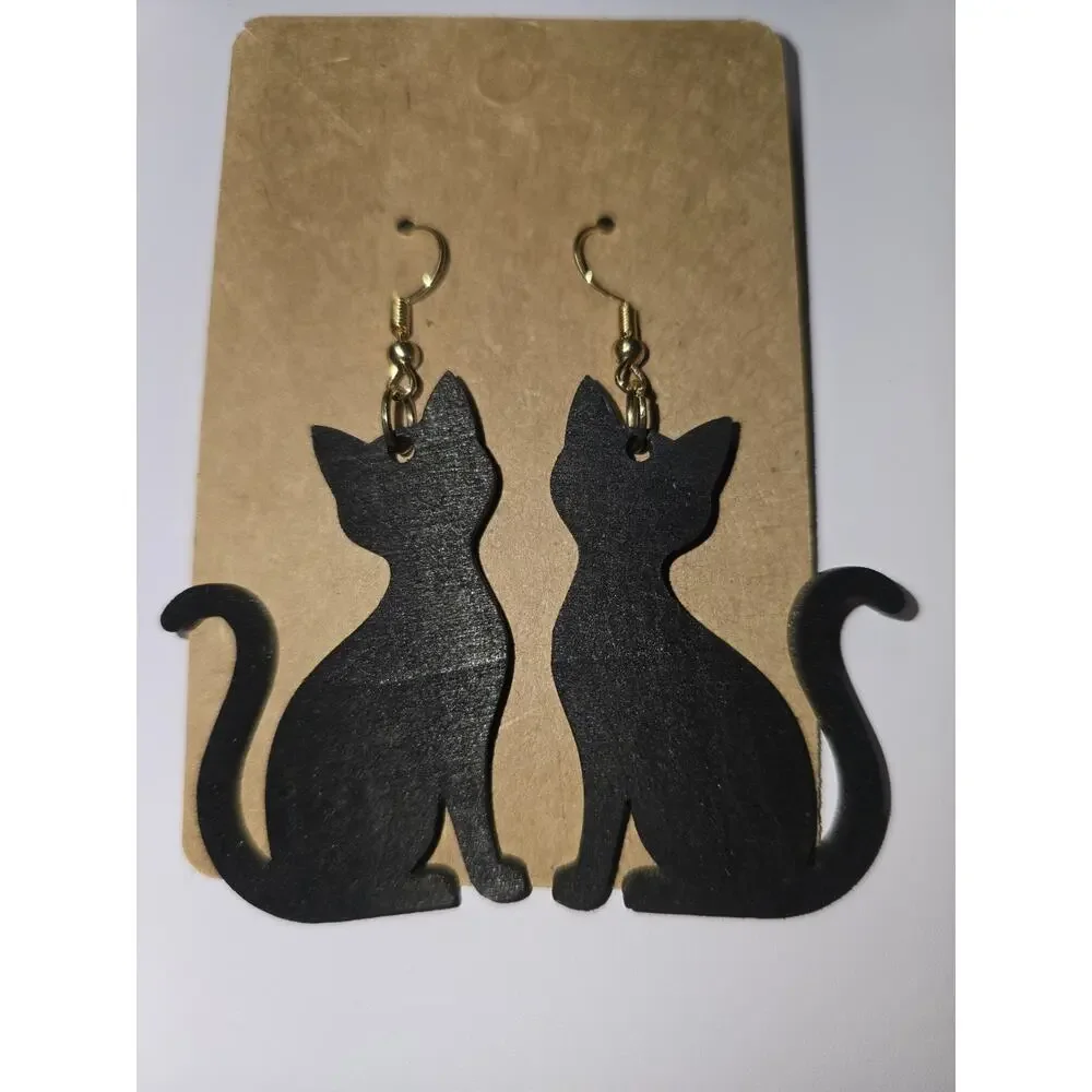 Wooden Laser Cut Earrings Black Cat Lightweight Handmade Hook Earrings - Picture 2 of 3
